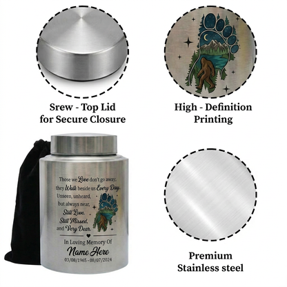 Personalized Bigfoot Sasquatch Stainless Steel Urn for Adult Human Ashes Men Father Husband Bereavement Condolence Silver Black Gold Red Memorial Keepsake Urn, Memorial Gift, In Loving Memory - Image 3