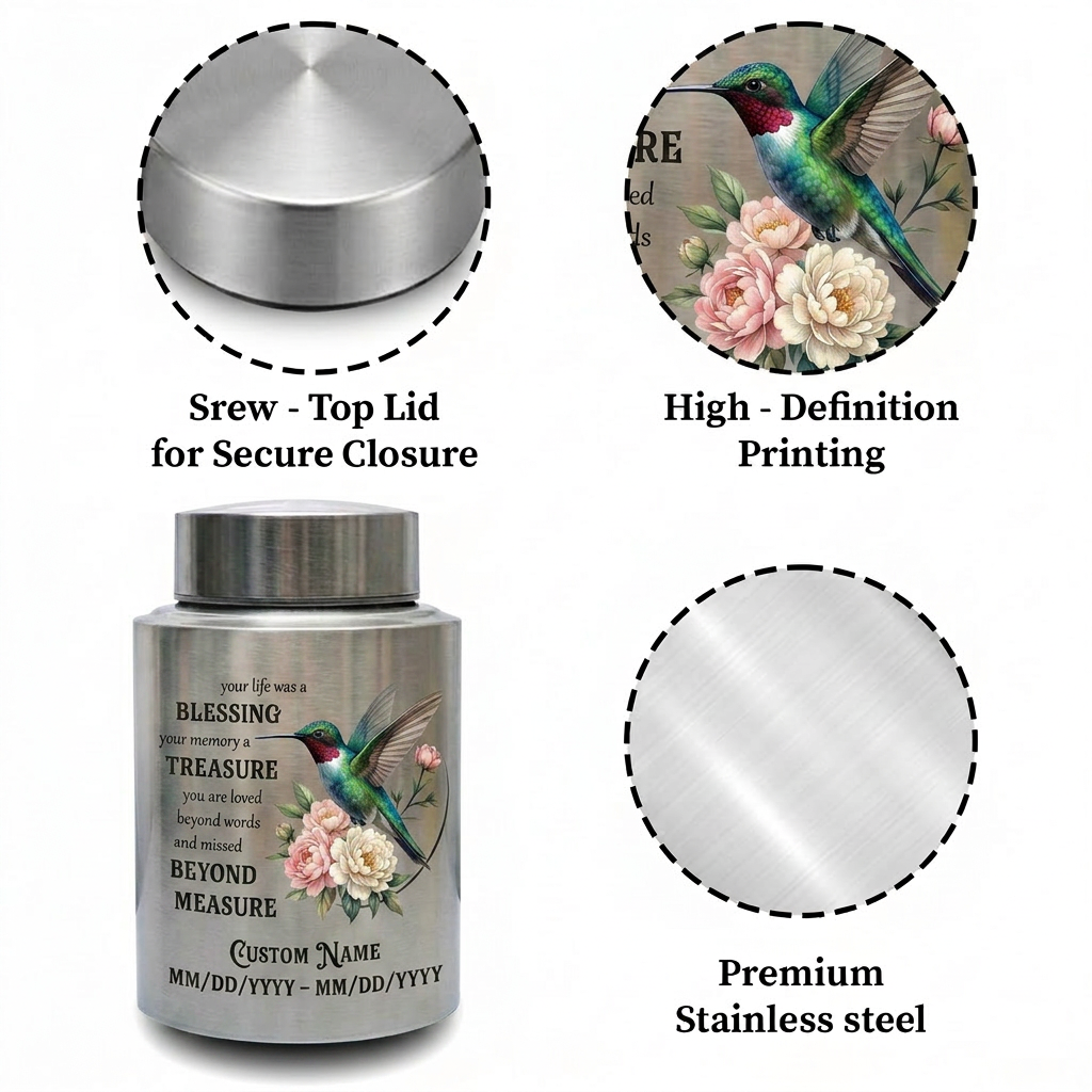 Personalized Hummingbird Stainless Steel Cremation Urn For Human Ashes Custom Name And Date Loss Of Loved One Sympathy Condolence Bereavement Memorial Keepsake Urn, Memorial Gift, In Loving Memory - Image 3