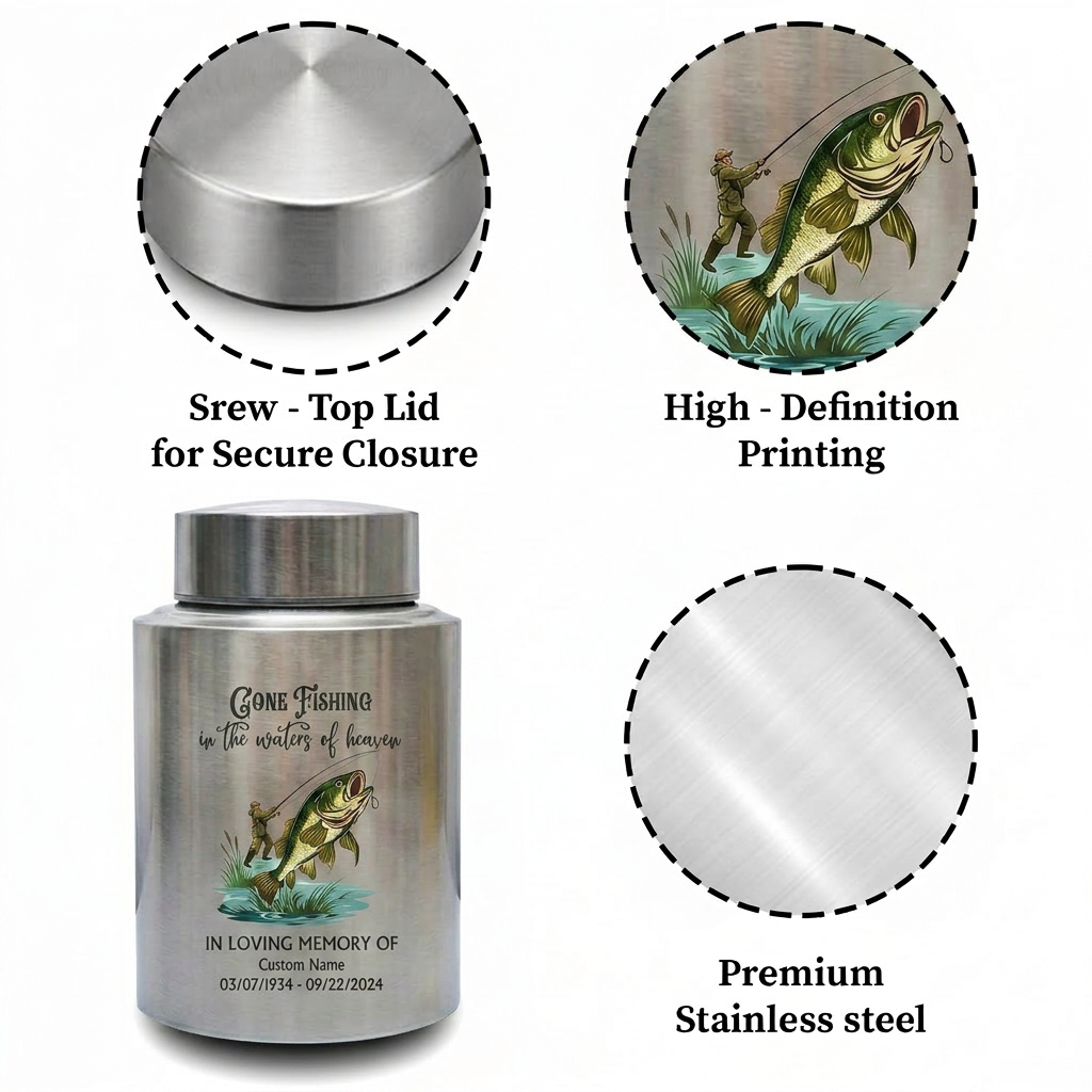 Personalized Bass Fishing Large Urns for Human Ashes Stainless Steel UV Printed Decorative Fisherman Keepsake 5.9x3.9 7.5x5.1 Memorial Keepsake Urn, Memorial Gift, In Loving Memory - Image 3