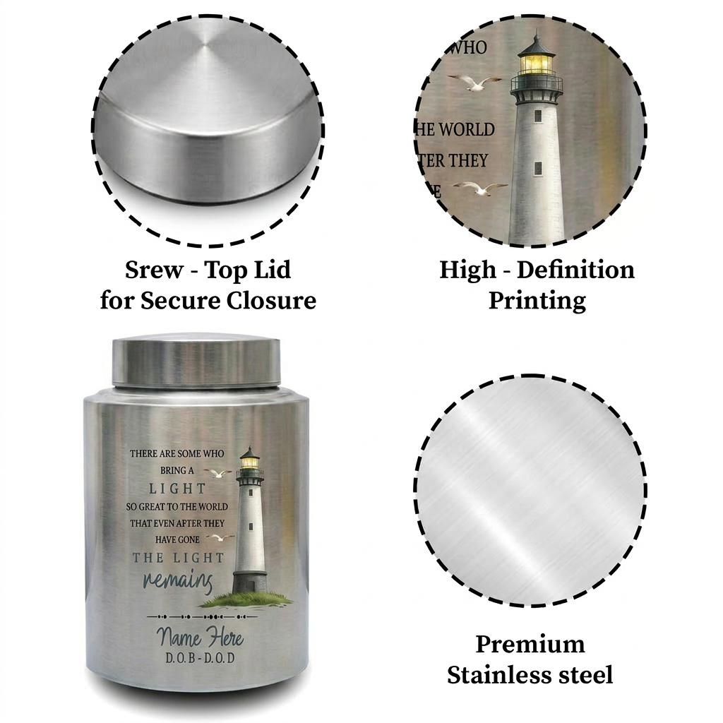 Personalized Lighthouse Stainless Steel Cremation Urn, Custom Name and Date Sympathy Keepsake for Loss of Loved One Family Member, Memorial Keepsake Urn, Memorial Gift, In Loving Memory - Image 3