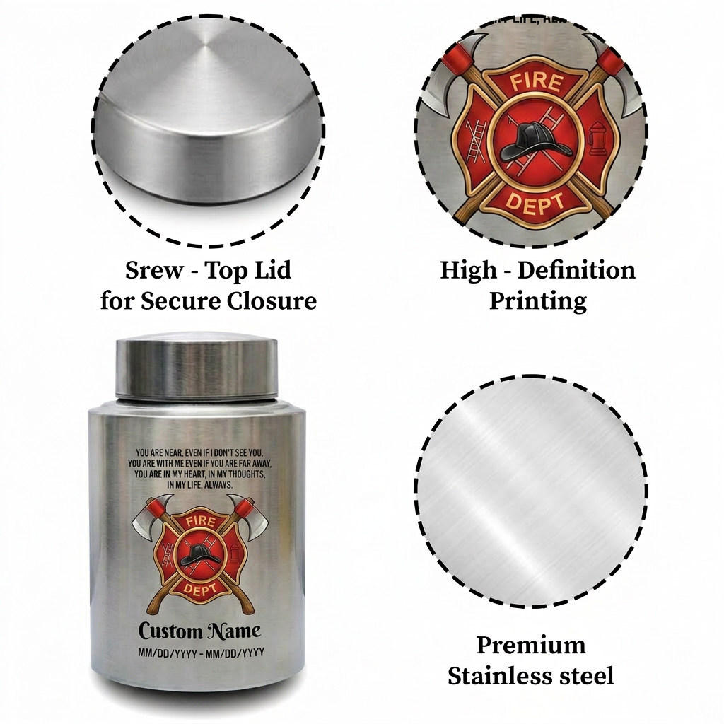 Personalized Firefighter Maltese Cross Stainless Steel Cremation Urn For Adult Ashes Loss Of Father Husband Hero Tribute Black Silver Gold Memorial Keepsake Urn, Memorial Gift, In Loving Memory - Image 3