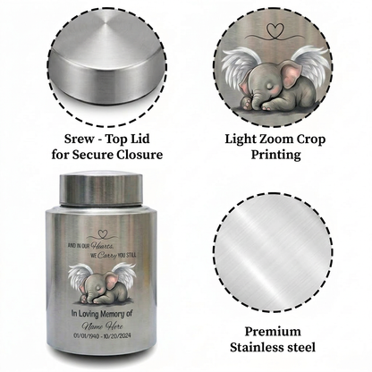 Personalized Baby Elephant Heart UV Printed Stainless Steel Infant Child Loss Bereavement And In Our Hearts We Carry You Still Quote Memorial Keepsake Urn, Memorial Gift, In Loving Memory - Image 3