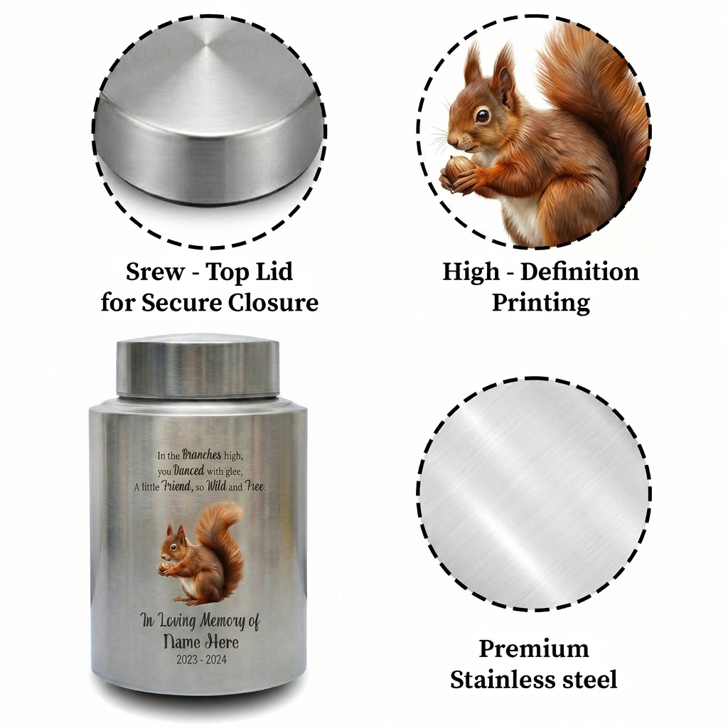Personalized Squirrel Stainless Steel Large Urn for Pet Loss Animal Lovers Small Pet Memorial Available in Silver Black Gold Red Memorial Keepsake Urn, Memorial Gift, In Loving Memory - Image 3