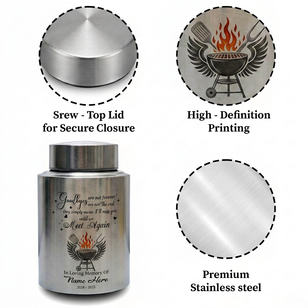 Personalized Custom Grilling Dad BBQ Father Stainless Steel UV Print Loss of Grandpa Goodbyes Are Not Forever Quote Large Small Memorial Keepsake Urn, Memorial Gift, In Loving Memory - Image 3