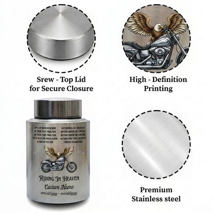 Personalized Motorcycle Riding in Heaven Stainless Steel Urn for Dad Biker Adult Male, Decorative Ash Container Small 5.9x3.9 Large 7.5x5.1, Memorial Keepsake Urn, Memorial Gift, In Loving Memory - Image 3
