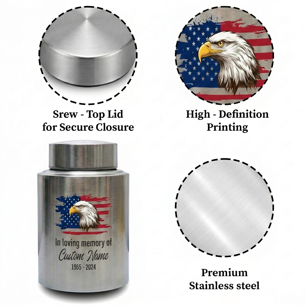 Personalized Eagle Cremation Urn for Human Ashes Adult Men Dad Veteran, UV Printed Metal Tribute Ash Container in Small 5.9in or Large 7.5in, Memorial Keepsake Urn, Memorial Gift, In Loving Memory - Image 3