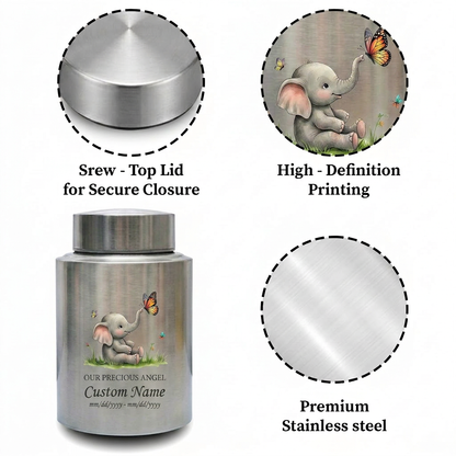 Personalized Baby Elephant Stainless Steel UV Printed Infant Loss Our Precious Angel Baby Boy Girl Child Ashes Large Small Metal Cremation Urns Memorial Keepsake Urn, Memorial Gift, In Loving Memory - Image 3
