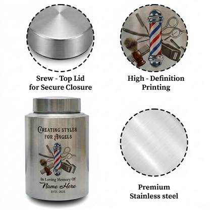 Personalized Master Barber Hair Stylist UV Printed Stainless Steel Urn for Ashes Cosmetologist Sympathy Bereavement Large Silver Black Gold Red Memorial Keepsake Urn, Memorial Gift, In Loving Memory - Image 3