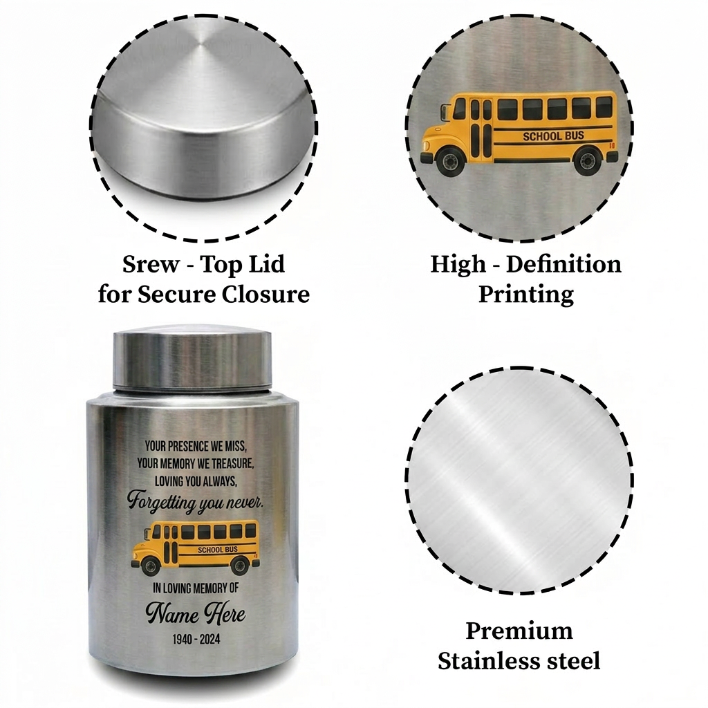 Personalized School Bus UV Print Stainless Steel Large Urn for Human Ashes Loss Of Loved One Bus Driver Bereavement Remembrance Memorial Keepsake Urn, Memorial Gift, In Loving Memory - Image 3