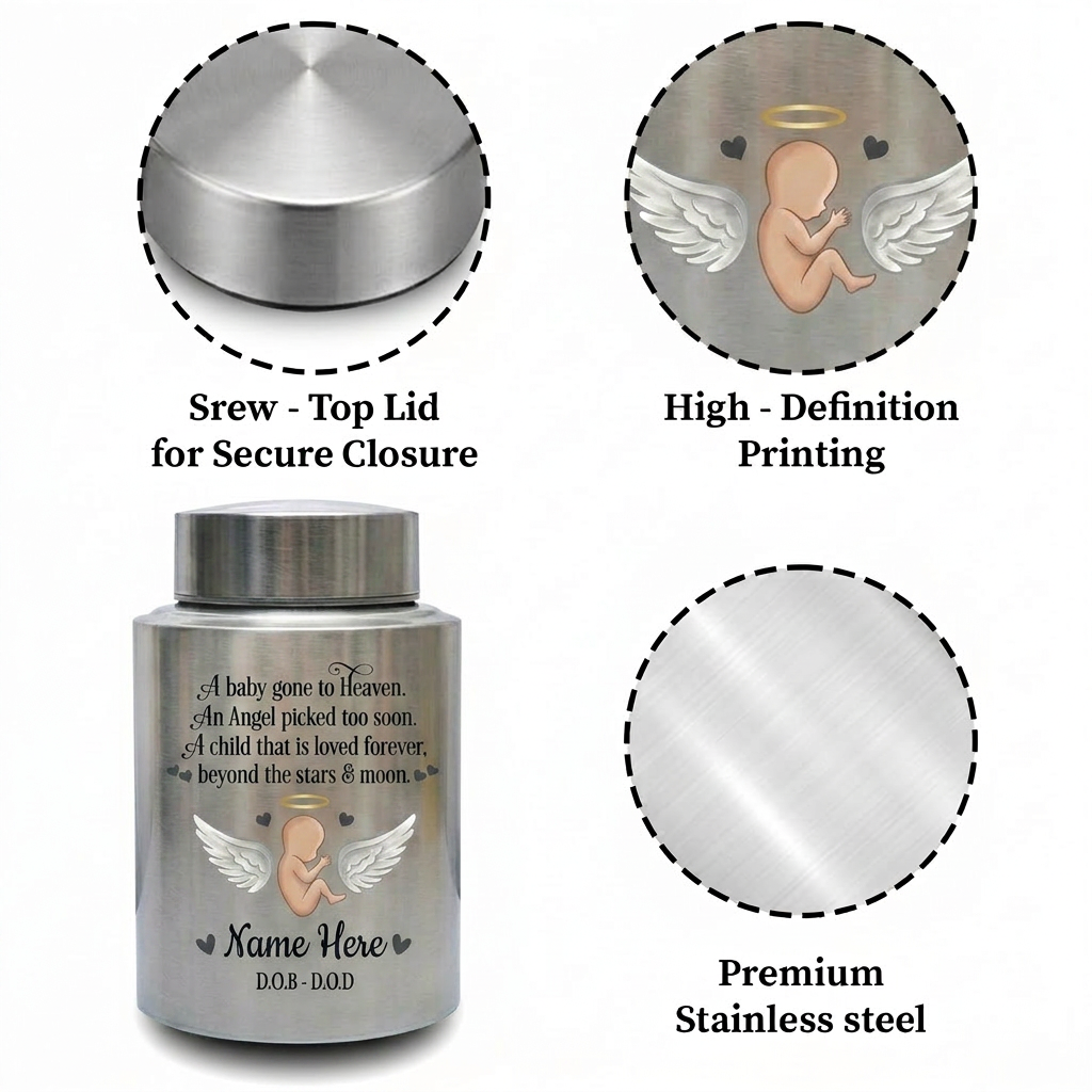 Personalized Baby Angel Stainless Steel Cremation Urn, Infant Loss Bereavement Miscarriage Keepsake for Grieving Parents, UV Printed Memorial Keepsake Urn, Memorial Gift, In Loving Memory - Image 3