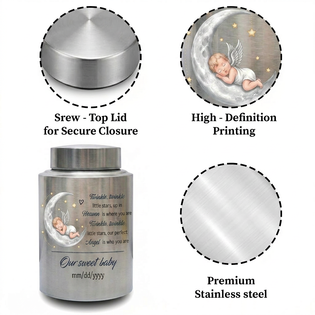 Personalized Baby Moon Stainless Steel Urn for Infant Child Boy Girl, Decorative Twinkle Star Nursery Urn, Custom Angel Funeral Ash Holder, Memorial Keepsake Urn, Memorial Gift, In Loving Memory - Image 3