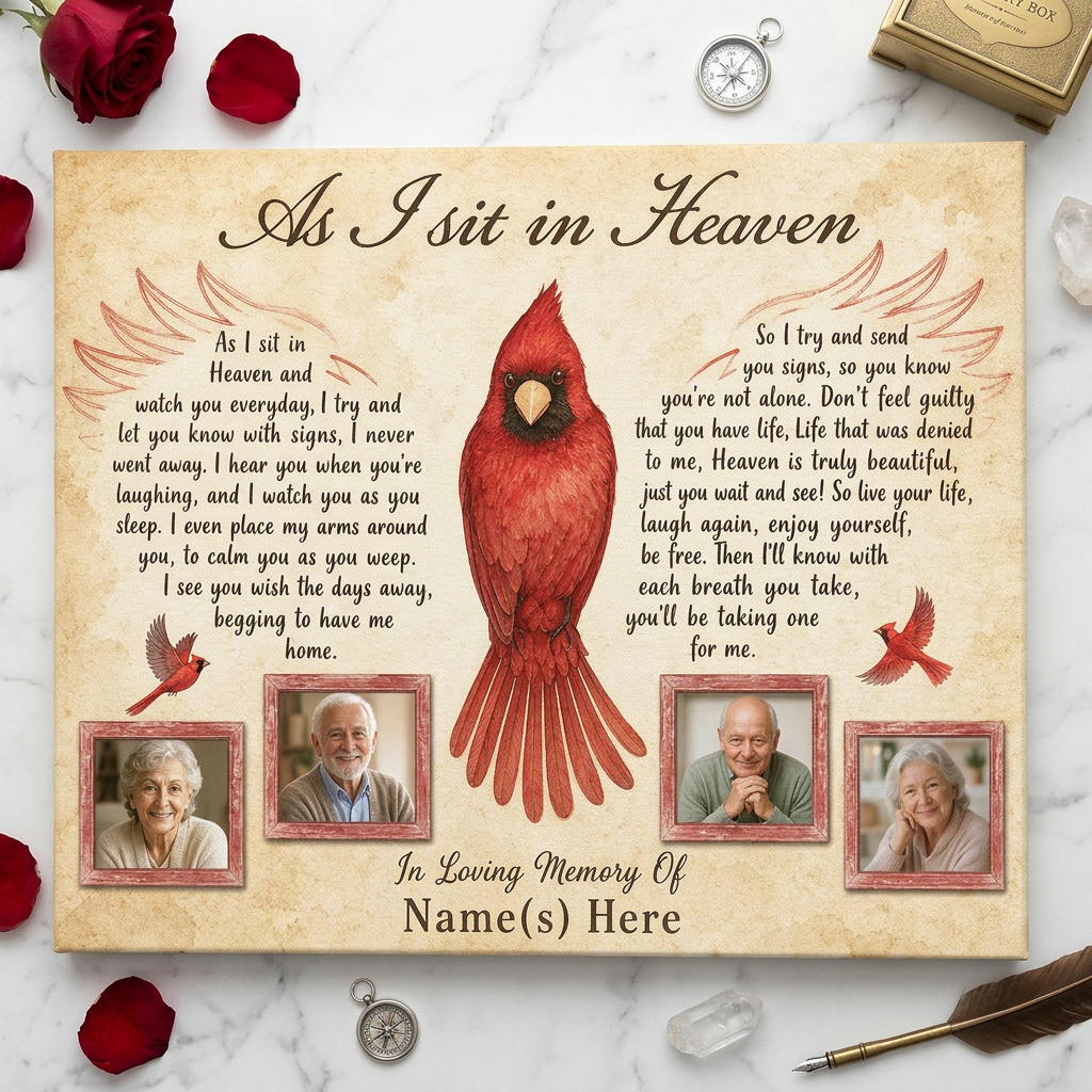 Personalized Cardinal Memorial Wall Canvas, As I Sit In Heaven Sympathy Gift For Loss Of Loved One - Image 3