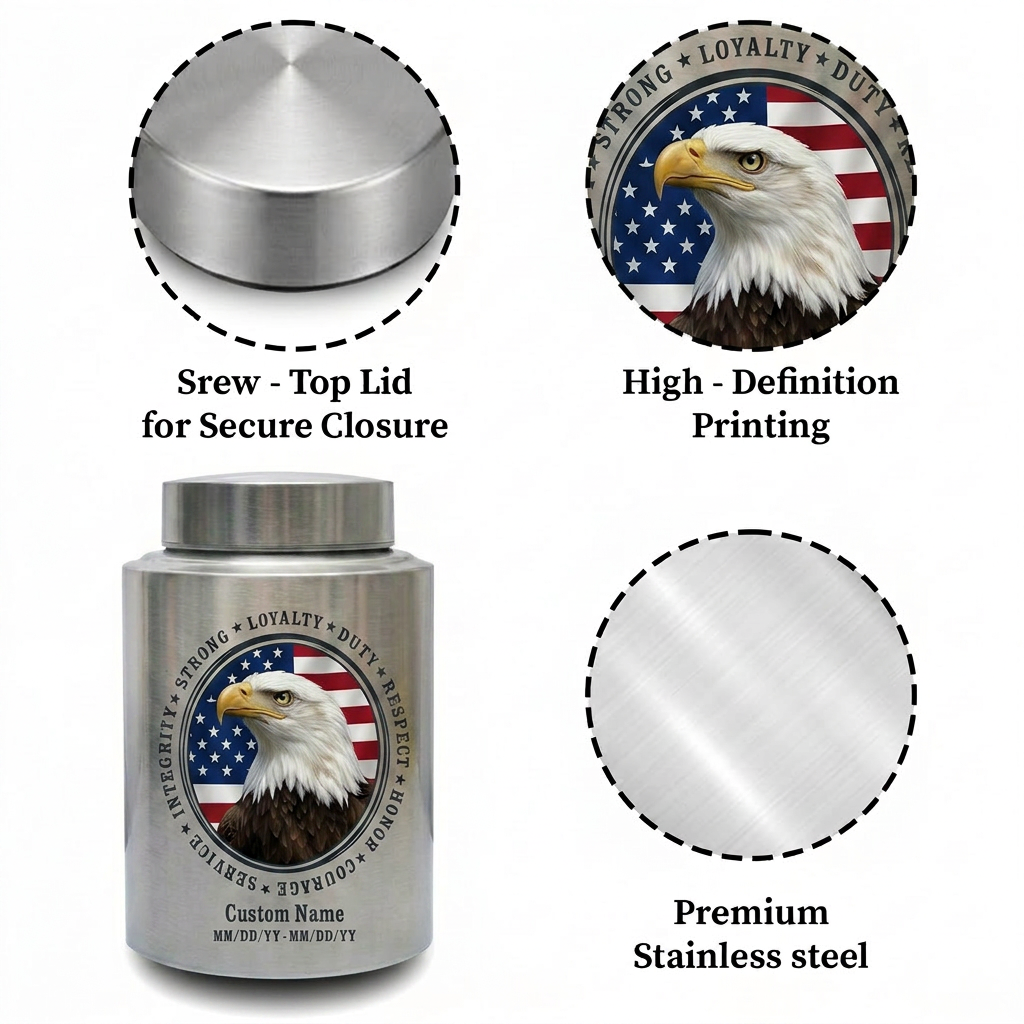 Personalized Patriotic Bald Eagle American Flag Stainless Steel Cremation Urn for Veteran Dad Men, Military Values Design Two Sizes Memorial Keepsake Urn, Memorial Gift, In Loving Memory - Image 3