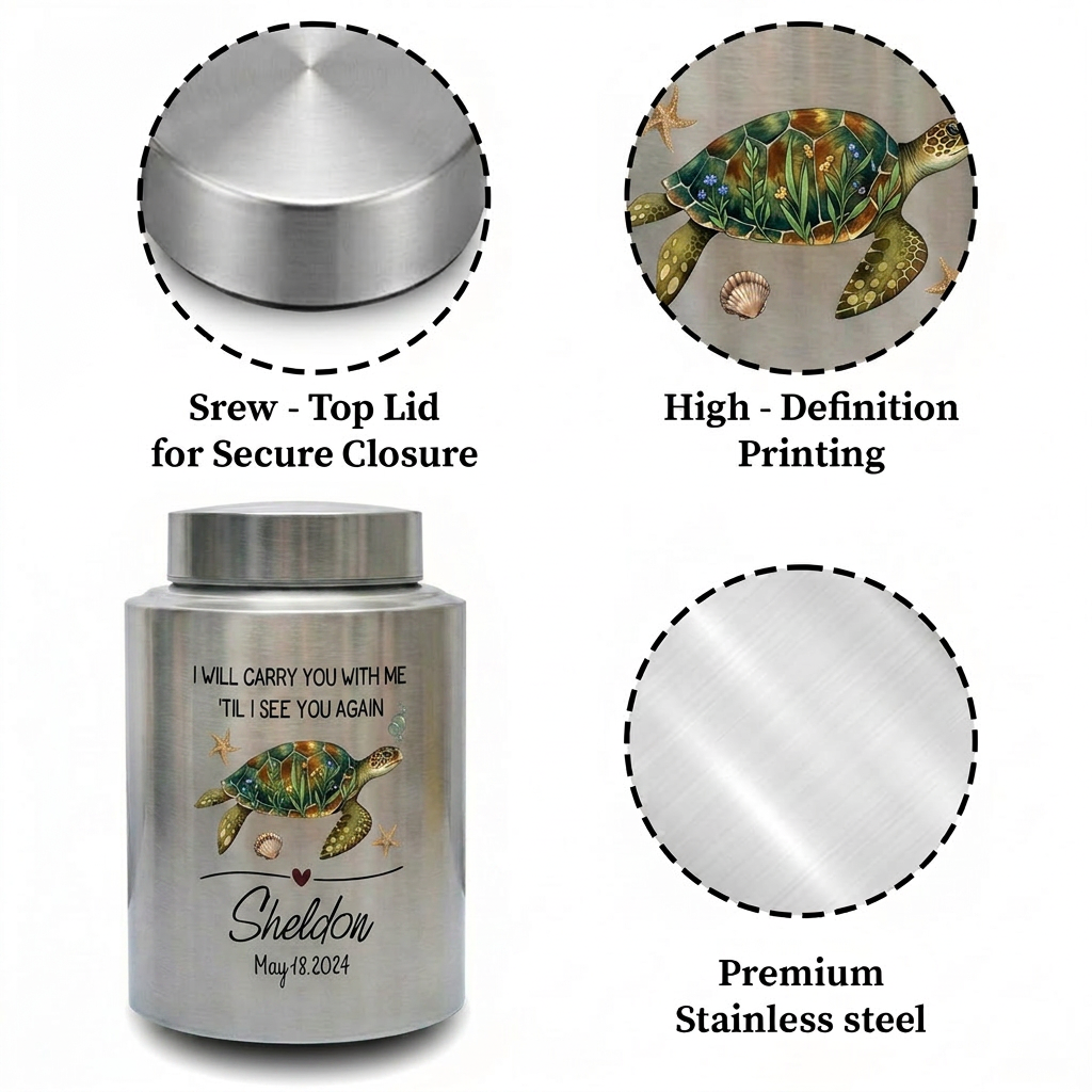 Personalized Turtle UV Printed Stainless Steel Cremation Urns For Ashes, Custom Pet Loss Remembrance Or Turtle Lover Bereavement Condolence, Memorial Keepsake Urn, Memorial Gift, In Loving Memory - Image 3