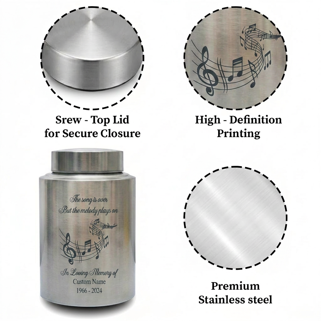 Personalized Musician Musical Staff Treble Clef Stainless Steel Urn For Ashes Music Lover Loss Of Loved One Remembrance Large Capacity Memorial Keepsake Urn, Memorial Gift, In Loving Memory - Image 3