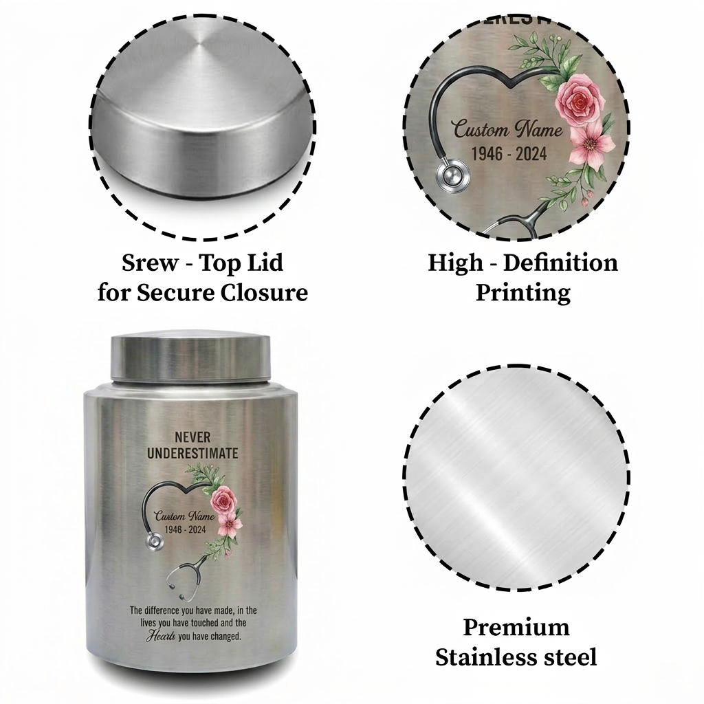 Personalized Nurse Medical Worker Stainless Steel Urn for Human Ashes Never Underestimate Difference Made Quote Appreciation Sympathy Tribute Memorial Keepsake Urn, Memorial Gift, In Loving Memory - Image 3