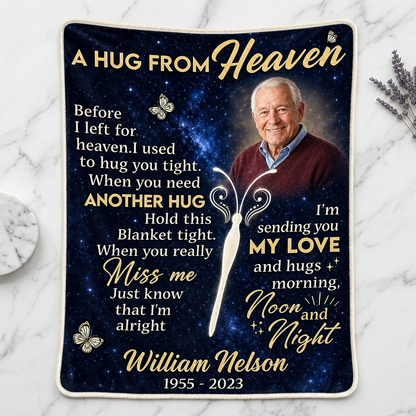 Personalized Memorial Photo Fleece Blanket - A Hug From Heaven Sympathy Gift for Loss of Dad - Image 3