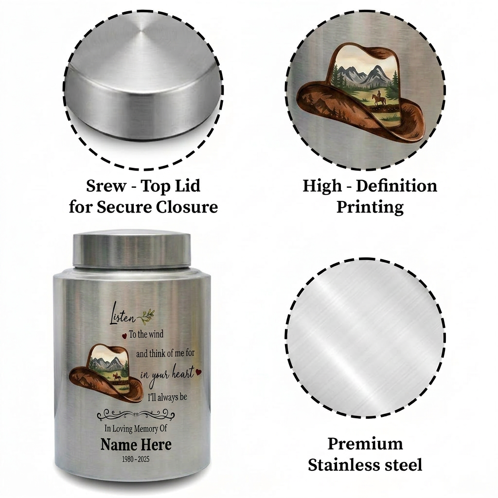 Personalized Cowboy Hat and Boots Western UV Printed Stainless Steel Cremation Urn for Adult Human Ashes Funeral Sympathy Bereavement Small Large Memorial Keepsake Urn, Memorial Gift, In Loving Memory - Image 3