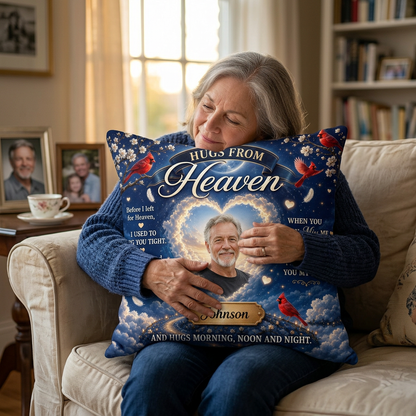 Personalized Hugs From Heaven Memorial Photo Pillow with Cardinal Birds - Sympathy Remembrance Gift - Image 4