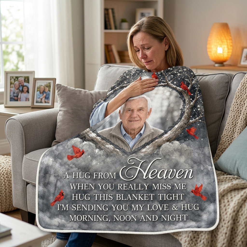 Personalized Photo Memorial Fleece Blanket - A Hug From Heaven Cardinal Sympathy Gift - Image 4