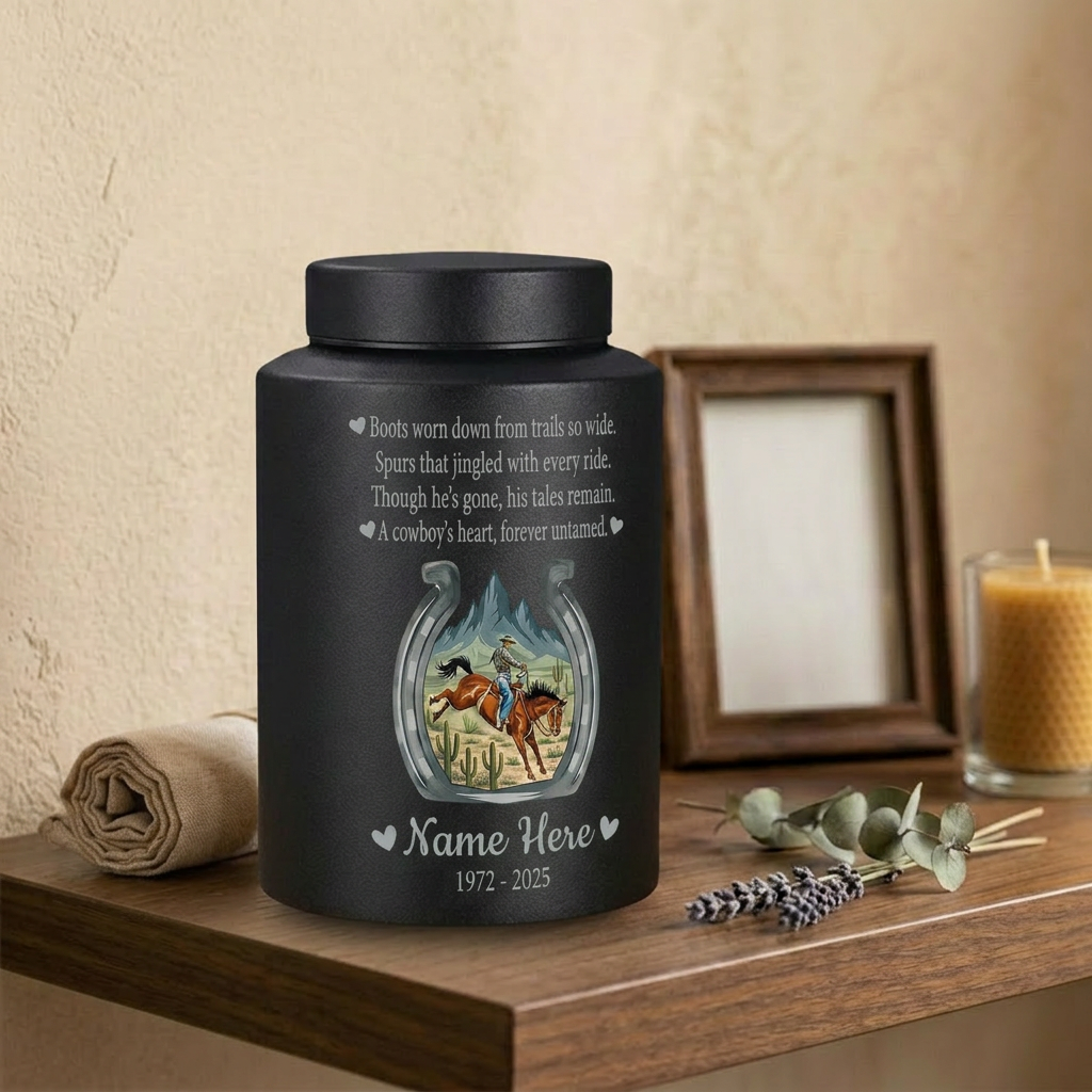 Personalized Cowboy Boots Hat Horseshoe UV Printed Stainless Steel Urn for Adult Ashes Western Sympathy Father Husband Large Memorial Keepsake Urn, Memorial Gift, In Loving Memory - Image 4