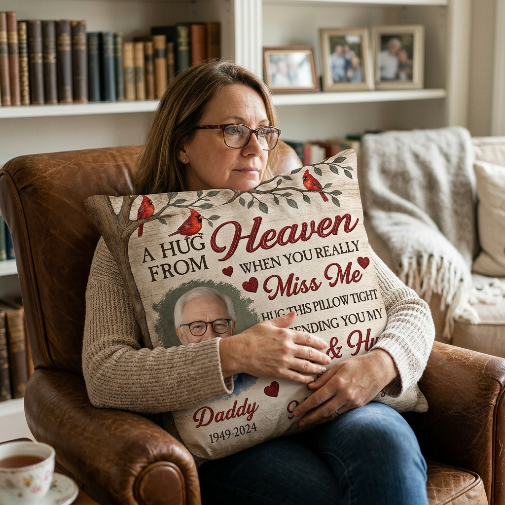 Personalized Memorial Photo Pillow for Loss of Father, A Hug From Heaven Dad Keepsake Gift - Image 4