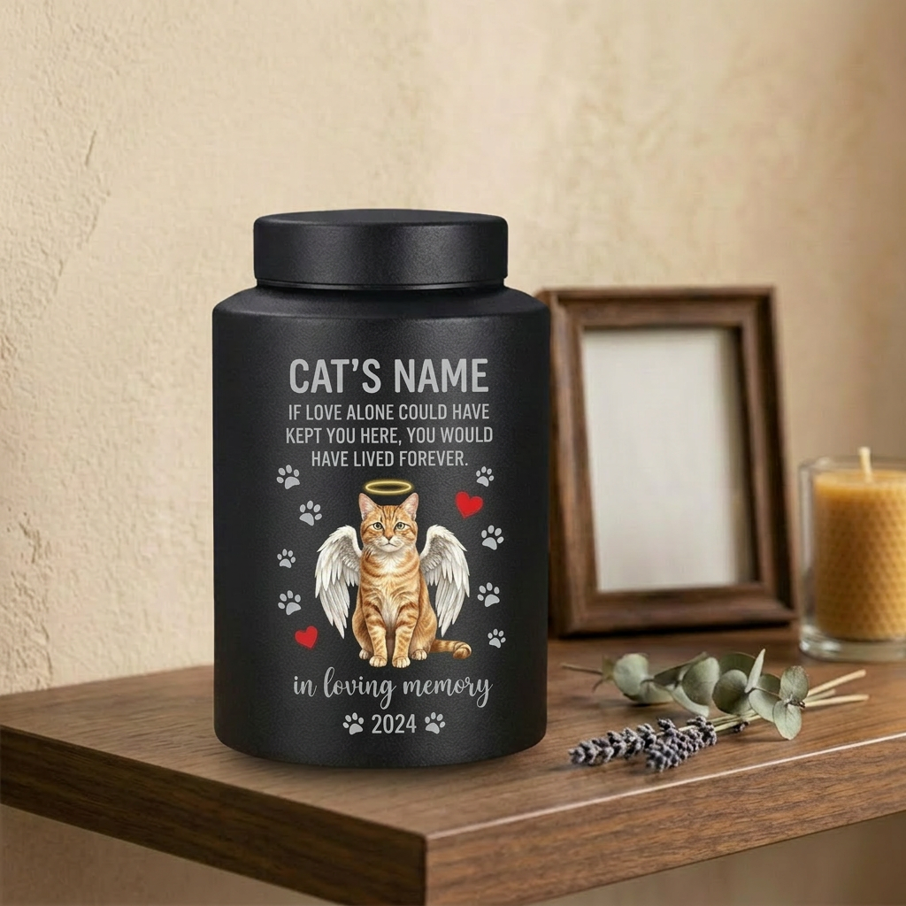 Personalized Angel Cat Silhouette Stainless Steel Pet Loss Bereavement Gift for Cat Mom Dad Custom Feline Remembrance Decor 5.9x3.9 or 7.5x5.1 in Memorial Keepsake Urn, Memorial Gift, In Loving Memory - Image 4
