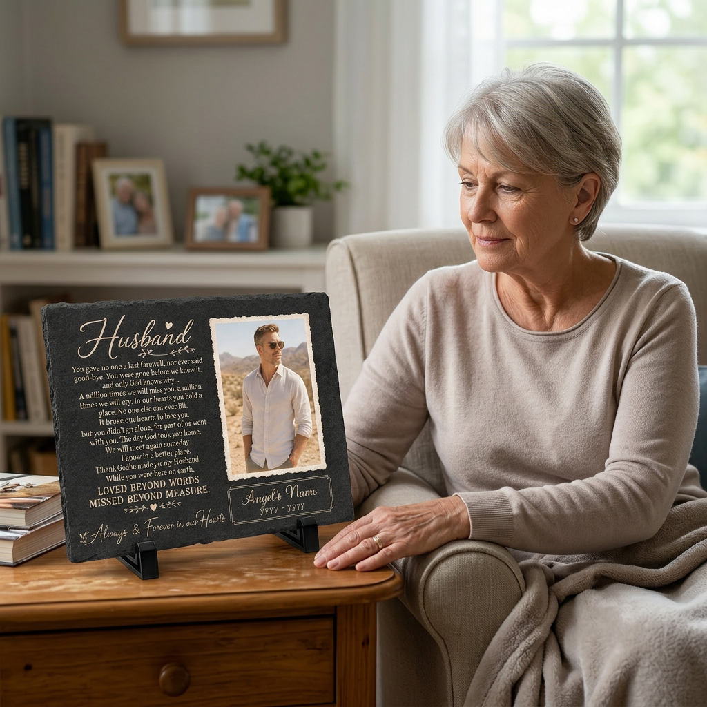Personalized Photo Husband Memorial Garden Stone – Rectangle Slate – Loss of Husband - Image 4 | VNMGSREPR1-6IN-EHIEU_AI_0450 VNMGSREPR1-8IN-EHIEU_AI_0450