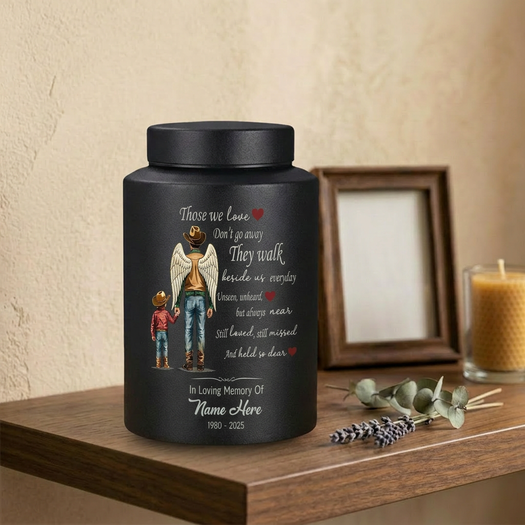 Personalized Cowboy Boots Hat Cross Stainless Steel Urn for Adult Human Ashes Loss of Father Husband Grandpa UV Printed Small and Large Memorial Keepsake Urn, Memorial Gift, In Loving Memory - Image 4