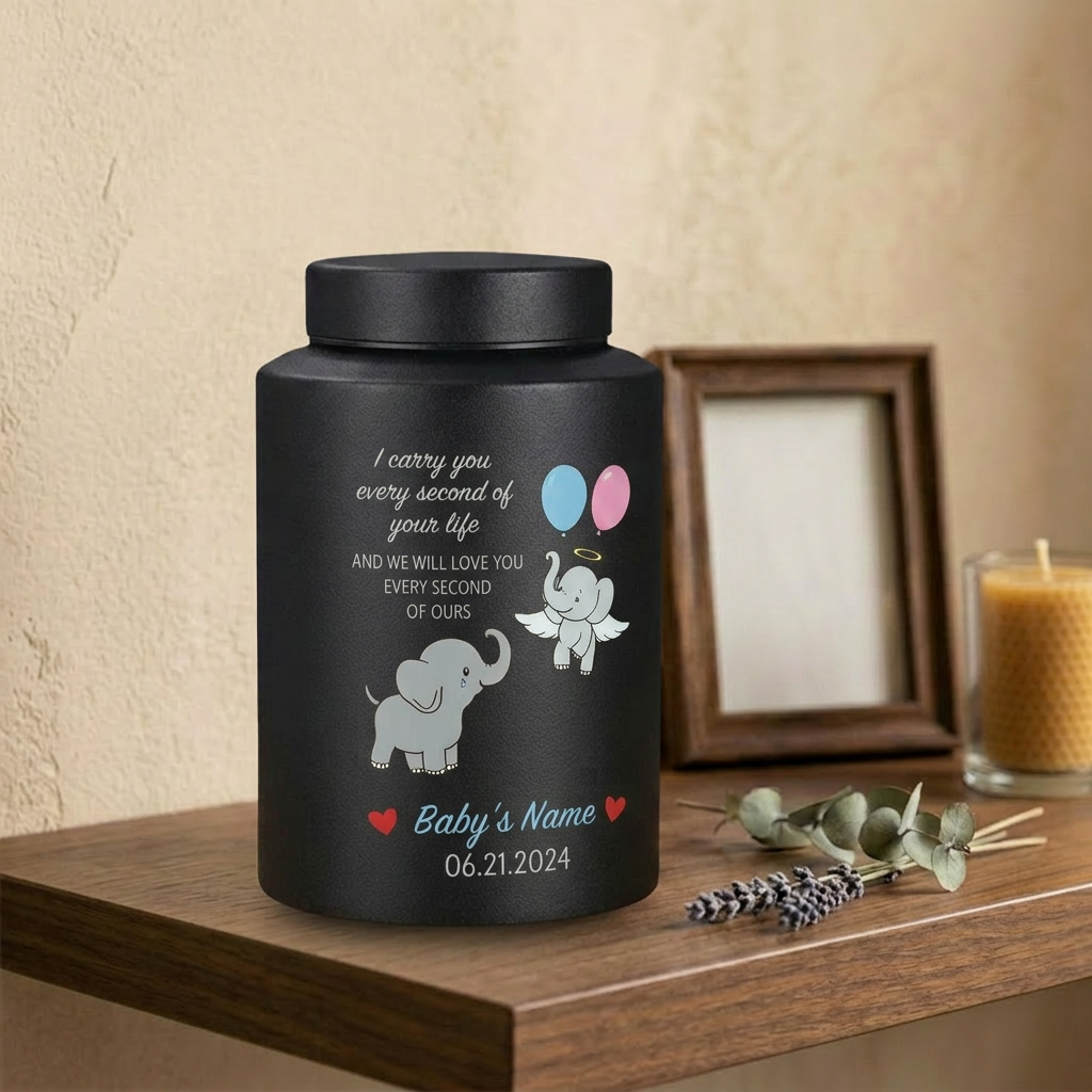 Personalized Angel Baby Elephant Grieving Stainless Steel Urn For Infant Loss Miscarriage Child Memory Large 7.5x5.1 UV Printed Decor Memorial Keepsake Urn, Memorial Gift, In Loving Memory - Image 4