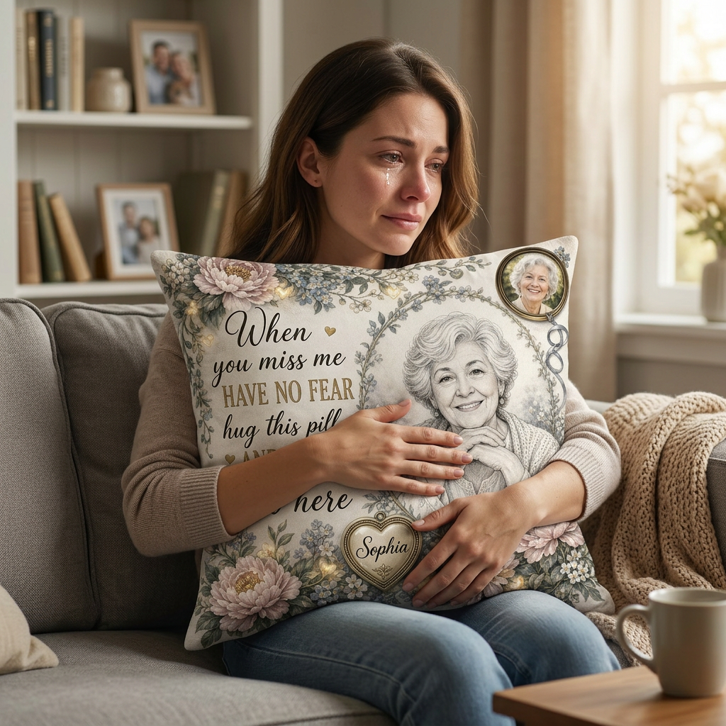 Personalized Memorial Photo Pencil Sketch Pillow, Have No Fear Hug This Pillow Sympathy Gift - Image 4