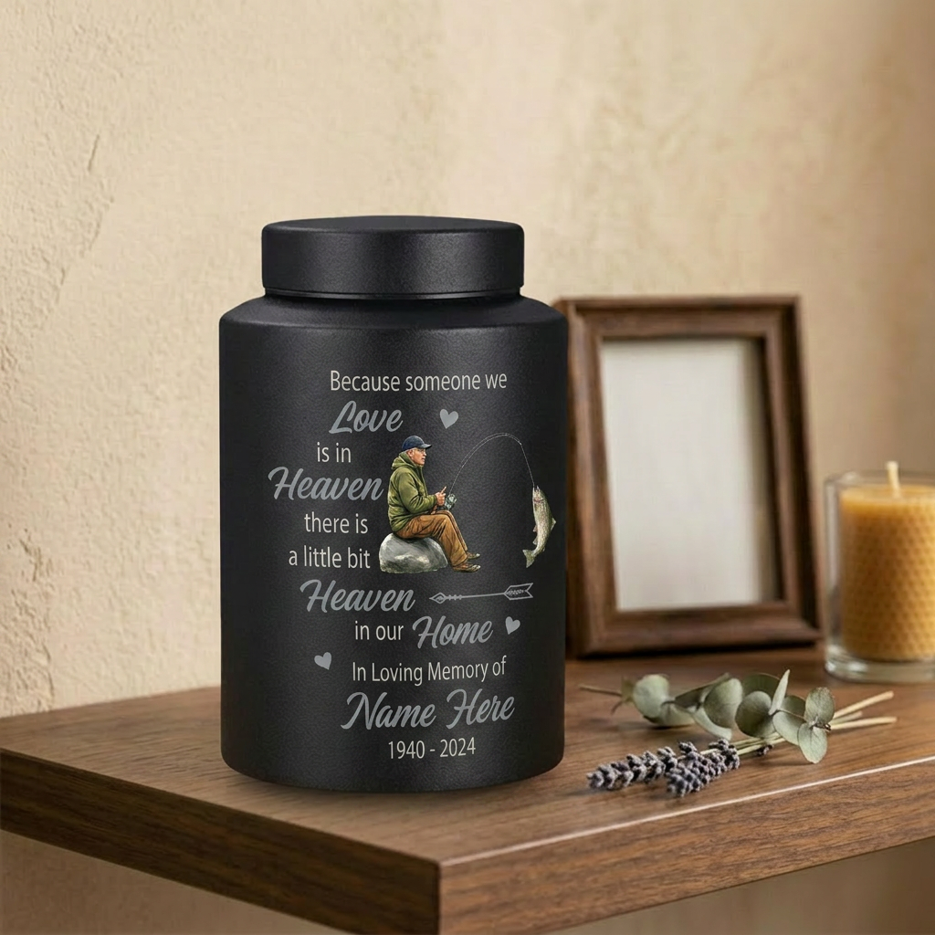 Personalized Bass Fishing Cremation Urns for Human Ashes Loss of Father Husband Fisherman Silhouette Because Someone We Love is in Heaven Quote Memorial Keepsake Urn, Memorial Gift, In Loving Memory - Image 4
