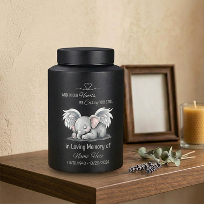 Personalized Baby Elephant Heart UV Printed Stainless Steel Infant Child Loss Bereavement And In Our Hearts We Carry You Still Quote Memorial Keepsake Urn, Memorial Gift, In Loving Memory - Image 4