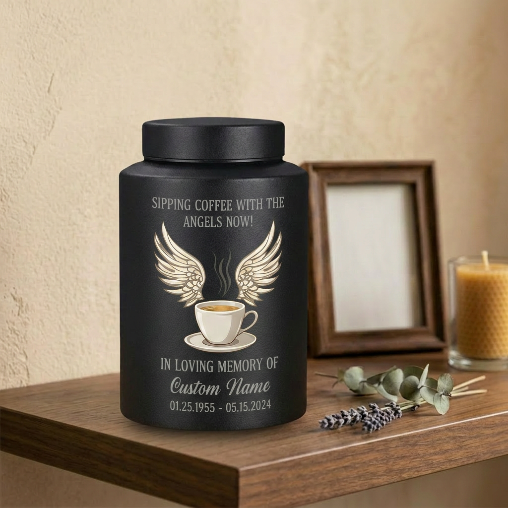 Personalized Coffee Theme Stainless Steel Cremation Urn for Ashes, Custom Name and Date Tribute for Coffee Lover, Large Size Options, Memorial Keepsake Urn, Memorial Gift, In Loving Memory - Image 4