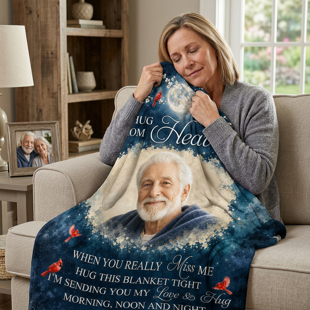 Personalized Photo A Hug From Heaven Memorial Fleece Blanket, Sympathy Gift for Loss of Dad Grandpa - Image 4
