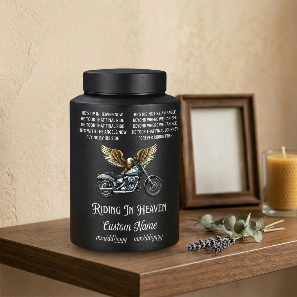 Personalized Motorcycle Riding in Heaven Stainless Steel Urn for Dad Biker Adult Male, Decorative Ash Container Small 5.9x3.9 Large 7.5x5.1, Memorial Keepsake Urn, Memorial Gift, In Loving Memory - Image 4