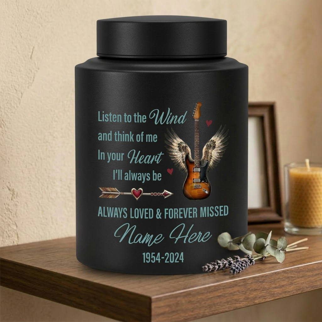 Personalized Guitar Angel Wings Music Lover Stainless Steel Cremation Urn Funeral Adult Male Female Human Ashes Large Silver Black Gold Red Memorial Keepsake Urn, Memorial Gift, In Loving Memory - Image 4