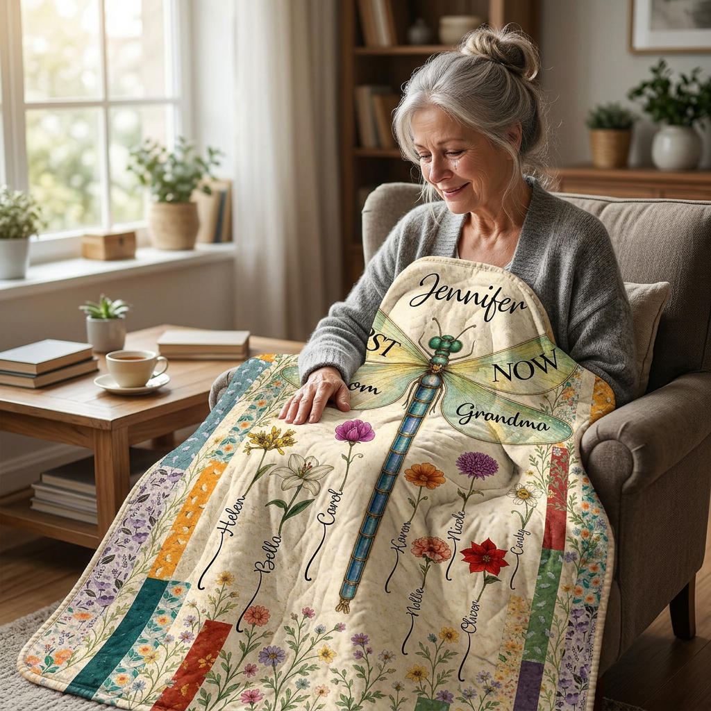 Personalized Dragonfly Birth Flower Fleece Blanket for Mom Grandma, First Now Family Gift - Image 4