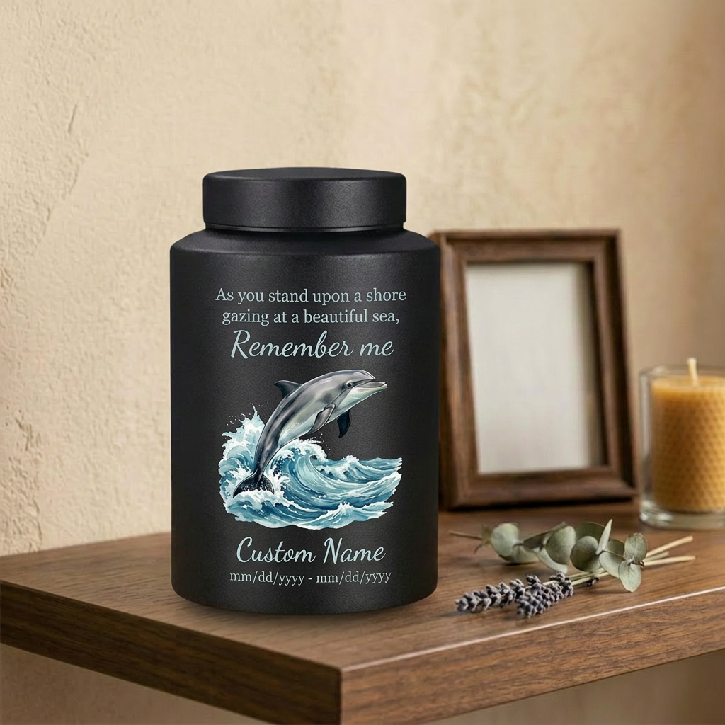 Personalized Dolphin Ocean Beach Themed UV Printed Metal Funeral Ash Container For Mom Dad Adult Male Female Large Cremation Memorial Keepsake Urn, Memorial Gift, In Loving Memory - Image 4