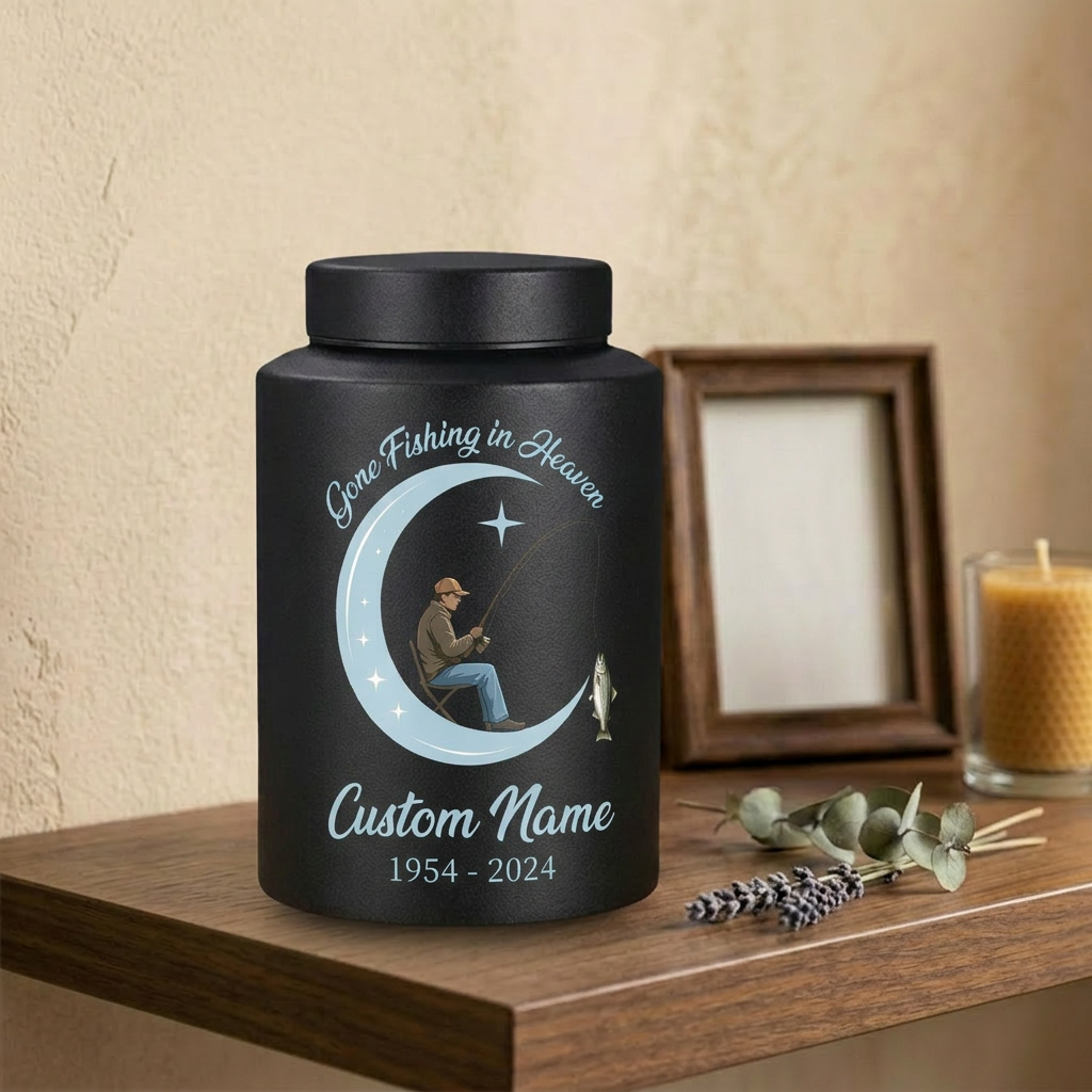 Personalized Gone Fishing in Heaven Bass Fisherman Stainless Steel Urn for Human Ashes Loss of Father Grandpa 5.9x3.9 7.5x5.1 Memorial Keepsake Urn, Memorial Gift, In Loving Memory - Image 4