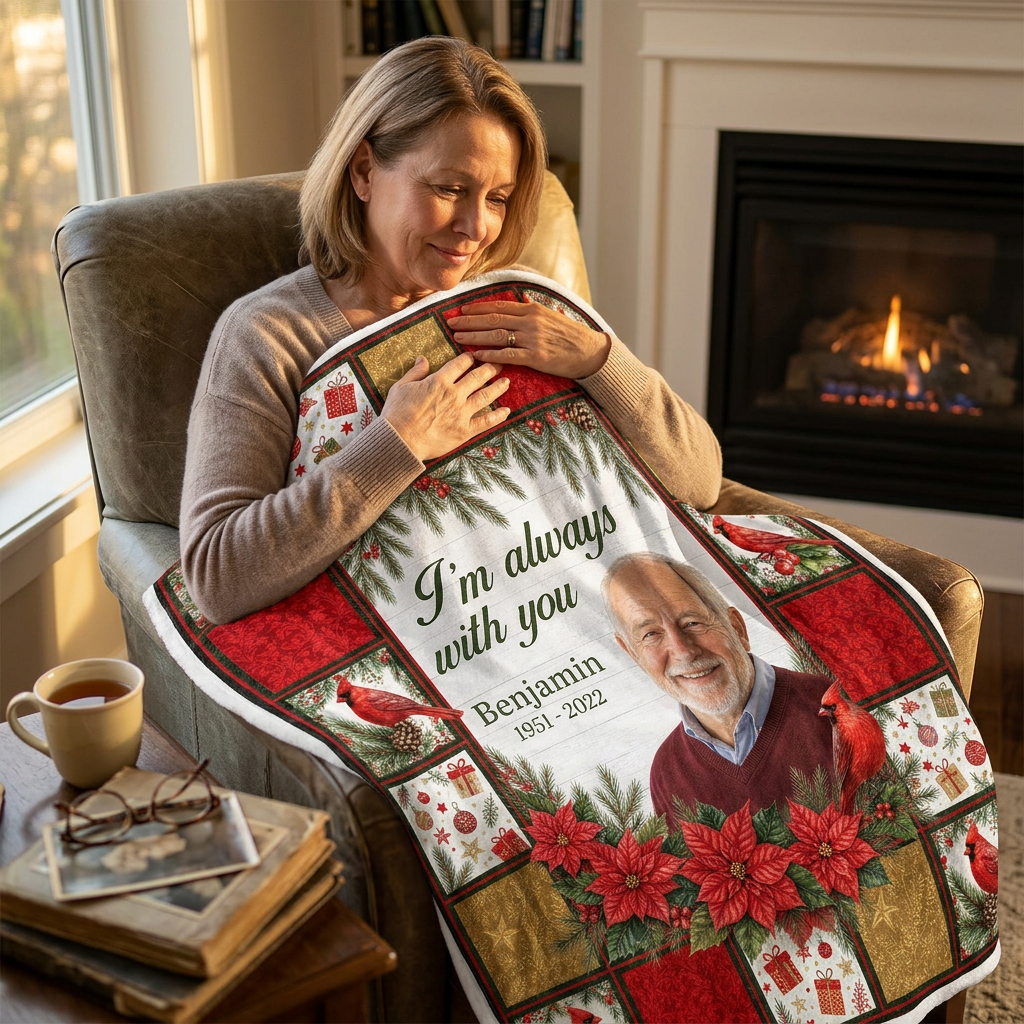 Personalized Memorial Photo Cardinal Christmas Fleece Blanket - Sympathy Gift for Lost Loved One - Image 4
