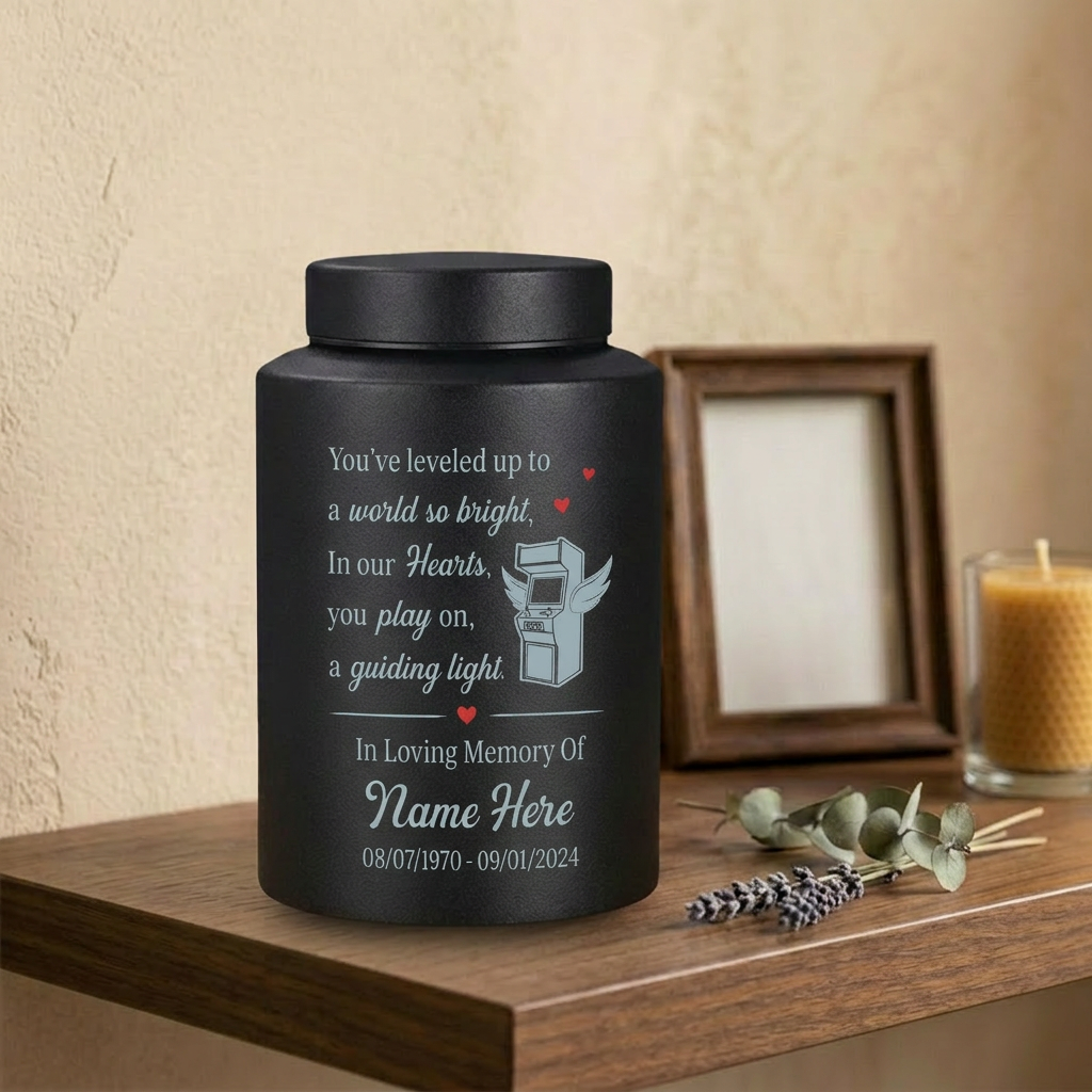 Personalized Gamer Arcade Cabinet Angel Wings UV Print Video Game Lover Loss Bereavement Tribute For Husband Son Brother Black Red Memorial Keepsake Urn, Memorial Gift, In Loving Memory - Image 4