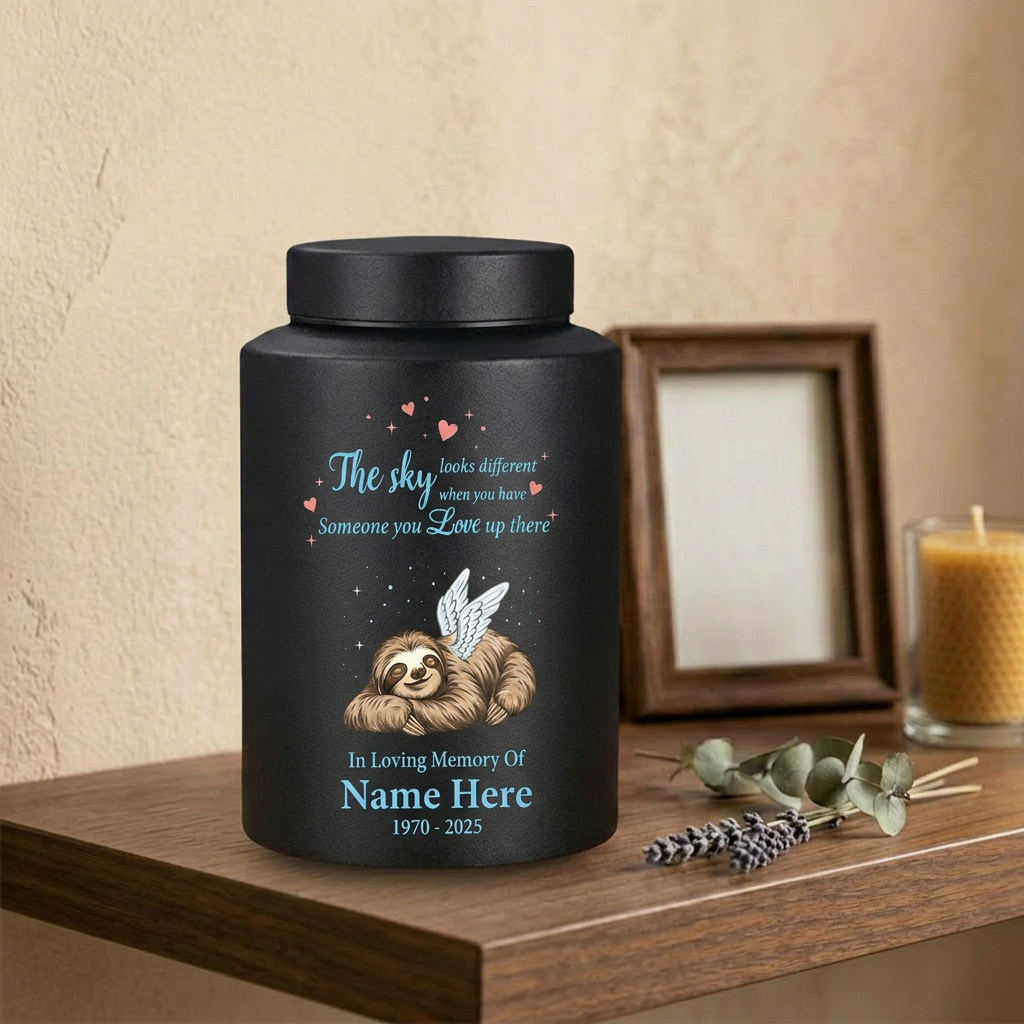 Personalized Sloth Cremation Urn UV Printed Stainless Steel Ash Holder The Sky Looks Different Quote For Animal Lovers Adult Pet Ashes Memorial Keepsake Urn, Memorial Gift, In Loving Memory - Image 4