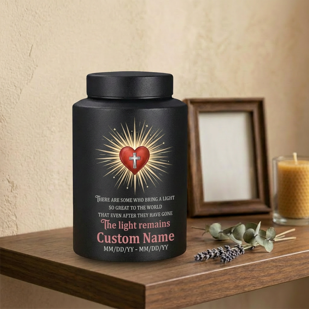 Personalized Christian Heart and Jesus Cross Stainless Steel UV Printed Funeral Urn For Adult Human Ashes Silver Black Gold Red Memorial Keepsake Urn, Memorial Gift, In Loving Memory - Image 4