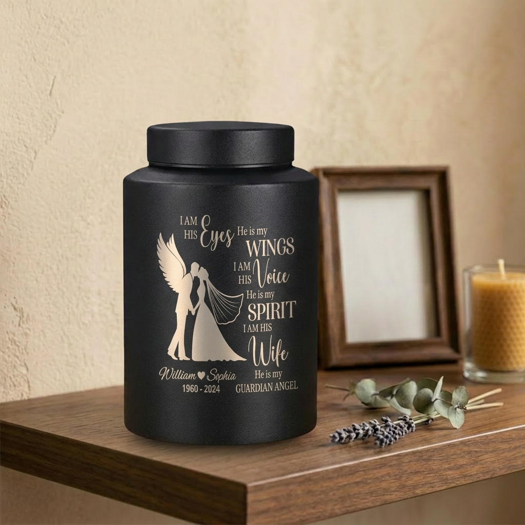 Personalized Couple in Heaven Stainless Steel Cremation Urn Loss of Husband Guardian Angel Keepsake for Widow Large or Small Ash Holder Memorial Keepsake Urn, Memorial Gift, In Loving Memory - Image 4