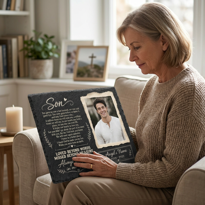 Personalized Son Memorial Garden Stone – Custom Photo Slate Plaque for Loss of Son - Image 4 | VNMGSREPR1-6IN-EHIEU_AI_0447 VNMGSREPR1-8IN-EHIEU_AI_0447