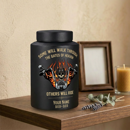 Personalized Motorcycle Riding in Heaven UV Printed Stainless Steel Urn for Adult Male Dad Biker Human Ashes Silver Black Gold Red Decorative Memorial Keepsake Urn, Memorial Gift, In Loving Memory - Image 4