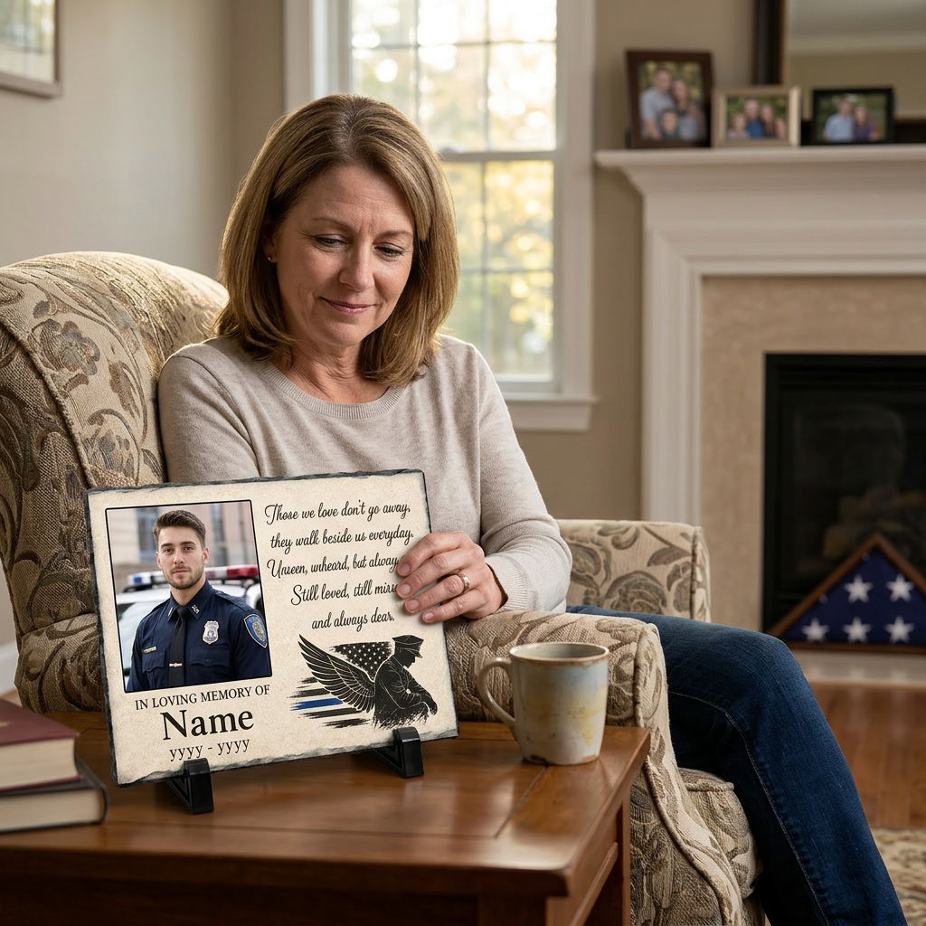 Personalized Police Officer Memorial Photo Slate Stone Thin Blue Line Keepsake - Image 4 | VNMGSREPR1-6IN-EHIEU_AI_0452 VNMGSREPR1-8IN-EHIEU_AI_0452