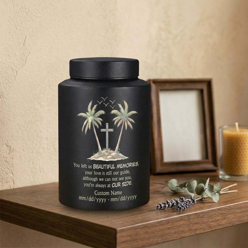 Personalized Beach Palm Tree Cross Stainless Steel Funeral Urn for Loss of Mom Dad Loved One Adult Human Ashes Small Large Memorial Keepsake Urn, Memorial Gift, In Loving Memory - Image 4