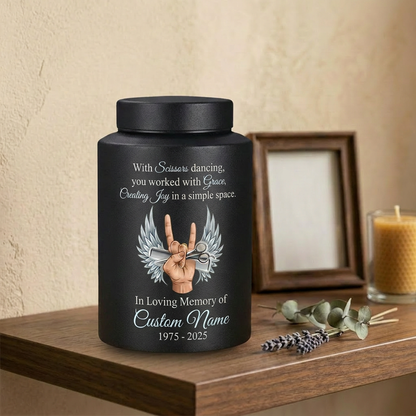 Personalized Master Barber Hair Stylist UV Printed Stainless Steel Cremation Urn for Ashes Custom Name Date Hairdresser Colleague Memorial Keepsake Urn, Memorial Gift, In Loving Memory - Image 4